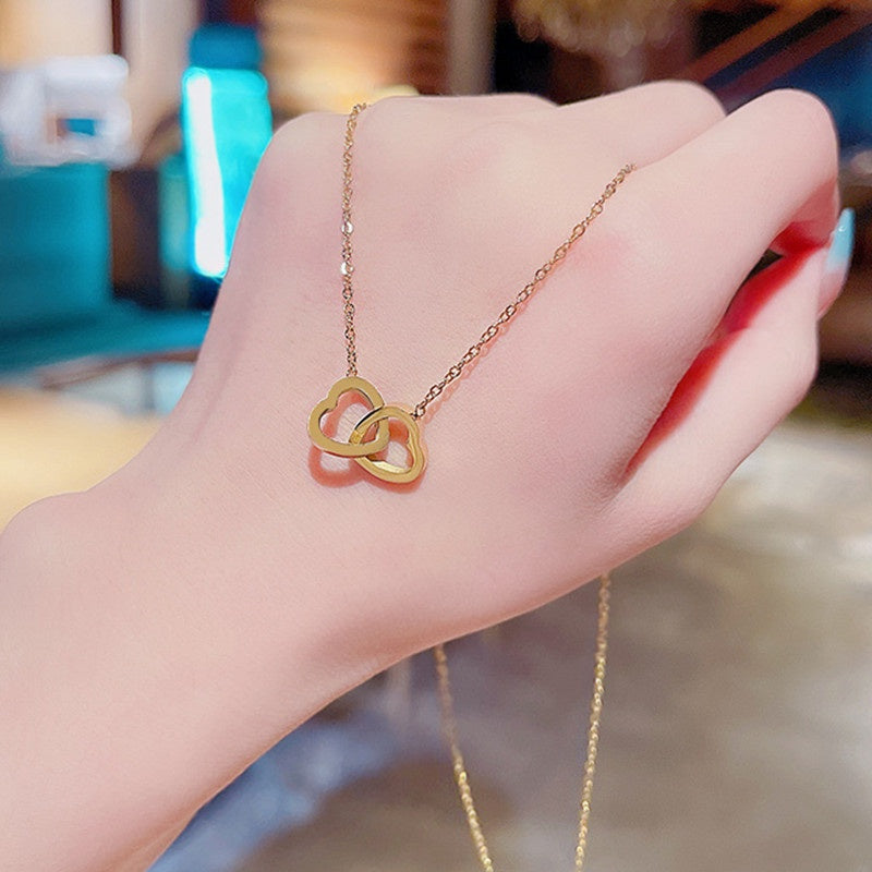 Kalung Liontin Hati Ganda Berlapis Emas 18K – Perhiasan Rantai Klavikula Gaya Korea Simpe - 我的商店
