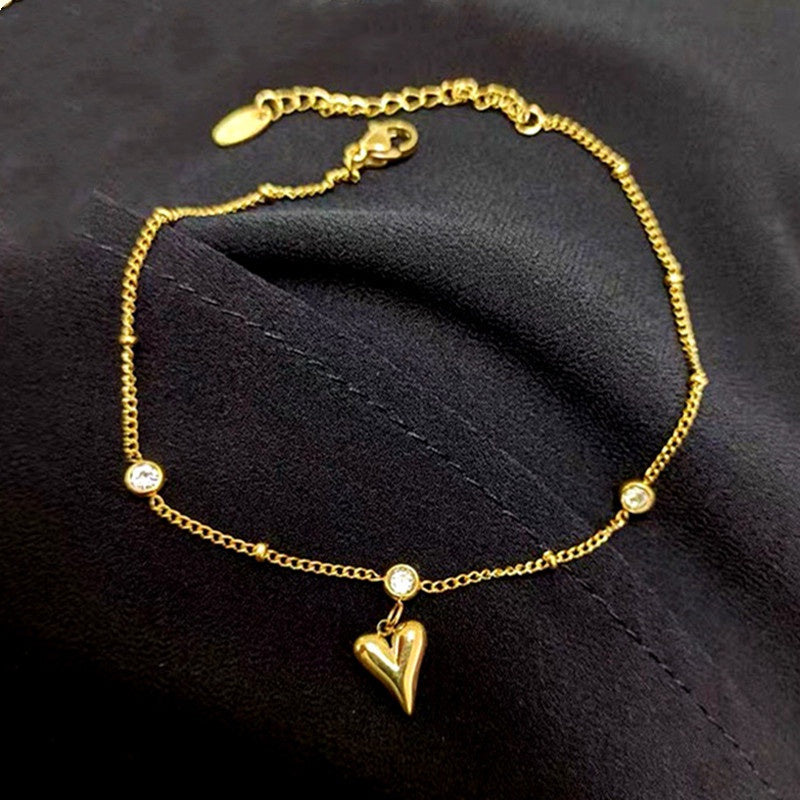 Gelang Kaki Wanita Liontin Hati Berlian - Stainless Steel Lapis Emas, Tidak Kusam, Elegan & Awet! - 我的商店