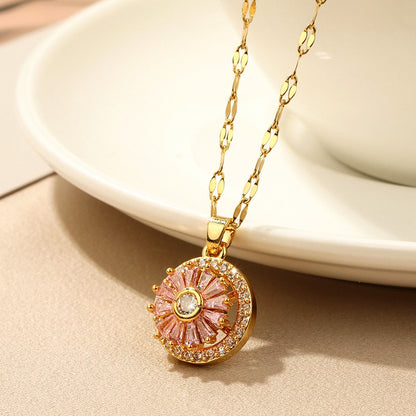 Kalung Emas untuk Wanita dengan Kristal Pink - Kwintas Vintage Pendant Stainless Steel | Aksesoris Perhiasan Elegan - 我的商店