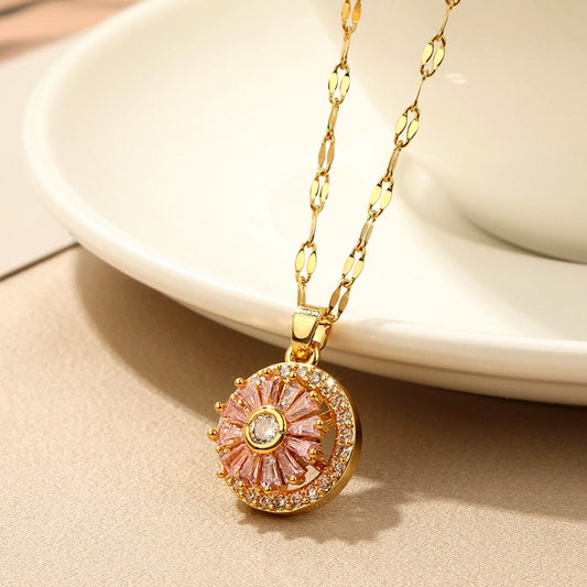 Kalung Emas untuk Wanita dengan Kristal Pink - Kwintas Vintage Pendant Stainless Steel | Aksesoris Perhiasan Elegan - 我的商店