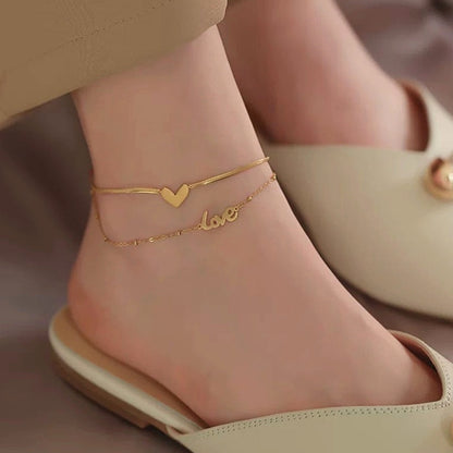 Gelang Kaki Hati untuk Wanita - Rantai Emas Stainless Steel Anti Pudar | Aksesoris Fashion Elegan - 我的商店