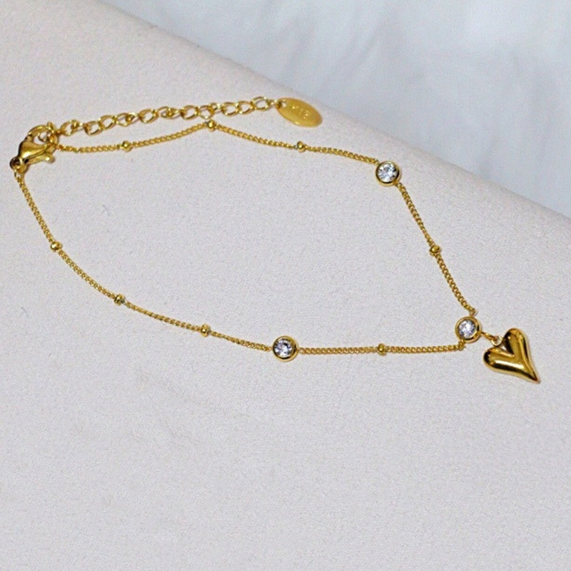 Gelang Kaki Wanita Liontin Hati Berlian - Stainless Steel Lapis Emas, Tidak Kusam, Elegan & Awet! - 我的商店