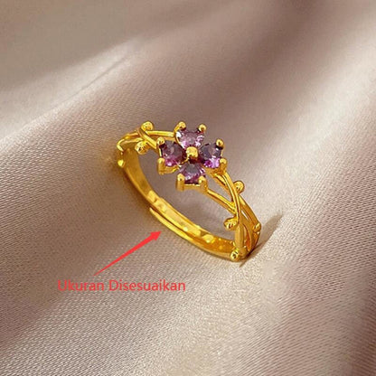 Cincin Wanita Adjustable - Bunga Ungu Lapis Emas 18K, Stainless Steel Anti Kusam - 我的商店