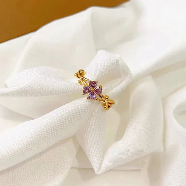 Cincin Wanita Adjustable - Bunga Ungu Lapis Emas 18K, Stainless Steel Anti Kusam - 我的商店