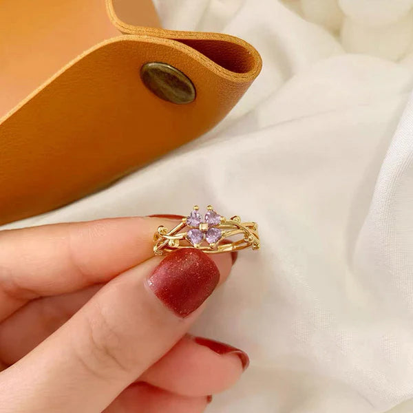 Cincin Wanita Adjustable - Bunga Ungu Lapis Emas 18K, Stainless Steel Anti Kusam - 我的商店