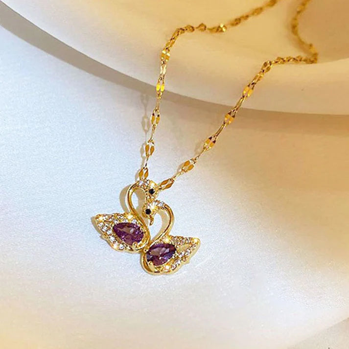 Kalung Angsa Kristal Ungu Gaya Korea - Emas 18K Stainless Steel Anti Kusam - 我的商店