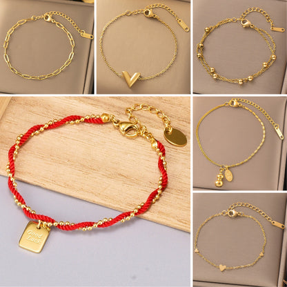 Gelang Pembawa Keberuntungan Wanita - Rantai Emas Stainless Steel Anti Kusam - 我的商店