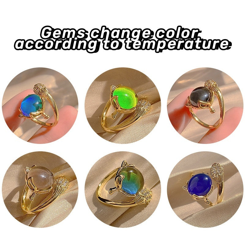 Cincin Stainless Steel Sensitif Suhu dengan Desain Rubah untuk Wanita - Aksesoris Anti Pudar | Perhiasan Hadiah Elegan - 我的商店