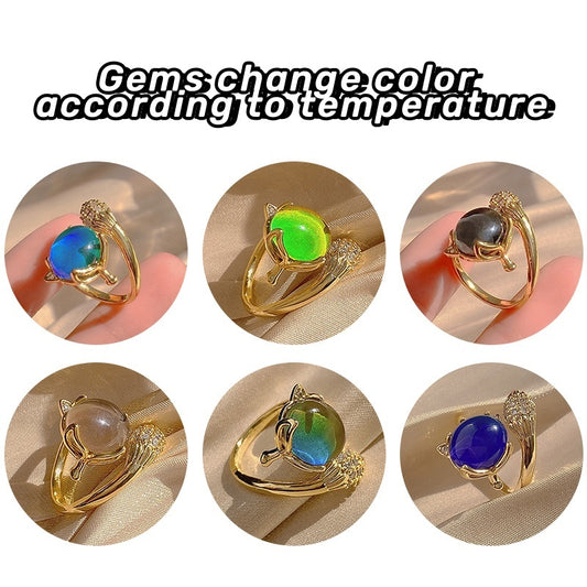 Cincin Stainless Steel Sensitif Suhu dengan Desain Rubah untuk Wanita - Aksesoris Anti Pudar | Perhiasan Hadiah Elegan - 我的商店