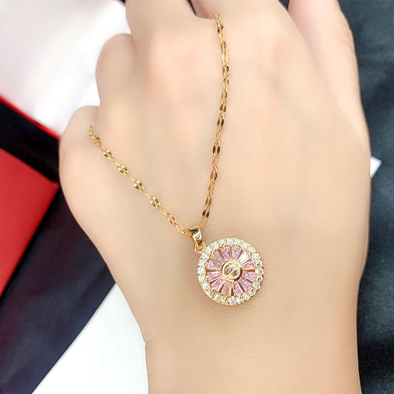 Kalung Emas untuk Wanita dengan Kristal Pink - Kwintas Vintage Pendant Stainless Steel | Aksesoris Perhiasan Elegan - 我的商店