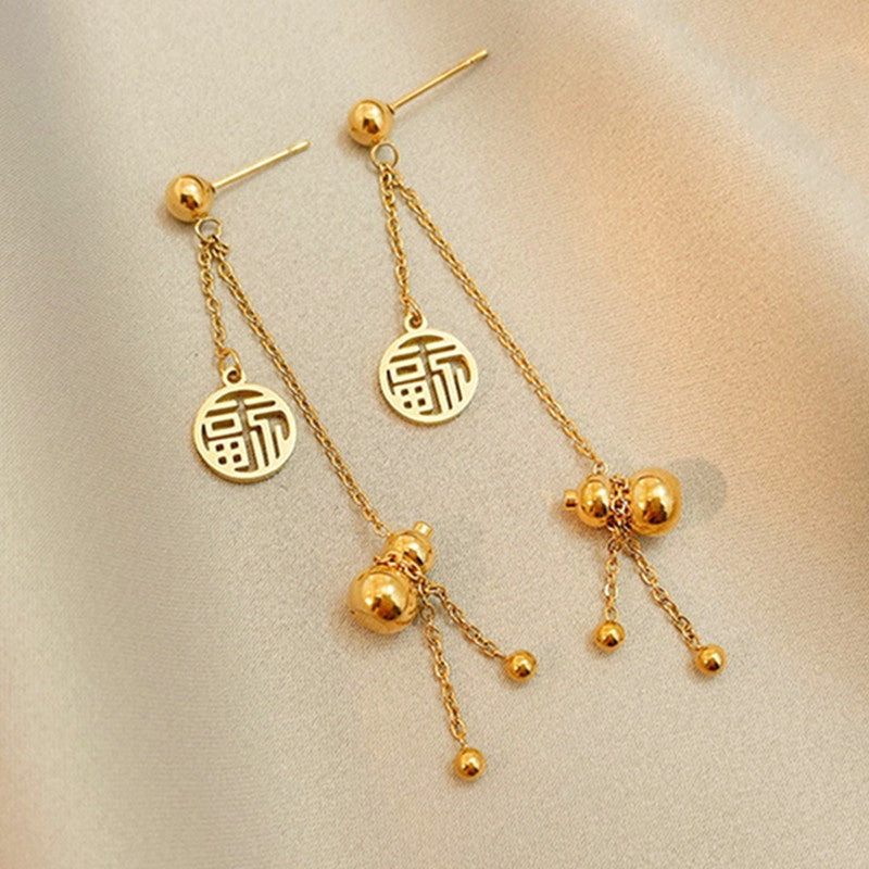 Anting Lucky Gourd FU untuk Wanita - Hikaw Emas Stainless Steel Hypoallergenic | Aksesoris Perhiasan Elegan - 我的商店