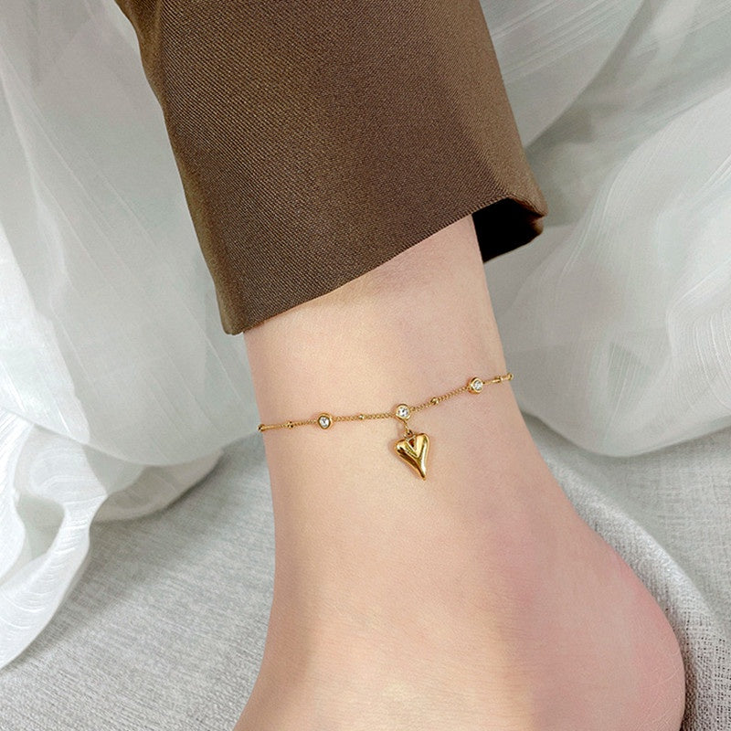 Gelang Kaki Wanita Liontin Hati Berlian - Stainless Steel Lapis Emas, Tidak Kusam, Elegan & Awet! - 我的商店