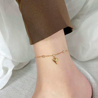 Gelang Kaki Wanita Liontin Hati Berlian - Stainless Steel Lapis Emas, Tidak Kusam, Elegan & Awet! - 我的商店
