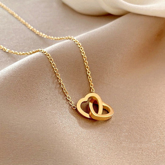 Kalung Liontin Hati Ganda Berlapis Emas 18K – Perhiasan Rantai Klavikula Gaya Korea Simpe - 我的商店