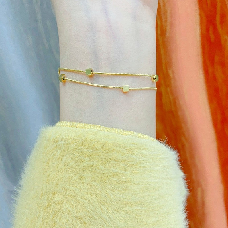 Gelang Square Double Layer untuk Wanita - Bangle Vintage Rantai Emas Anti Pudar | Perhiasan Hadiah Elegan - 我的商店