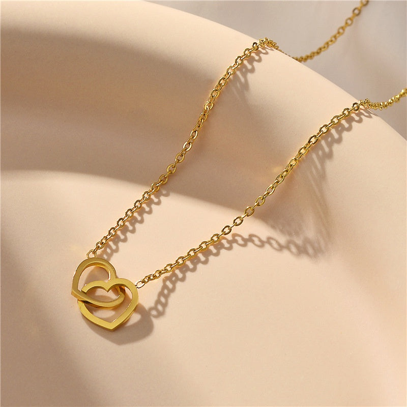 Kalung Liontin Hati Ganda Berlapis Emas 18K – Perhiasan Rantai Klavikula Gaya Korea Simpe - 我的商店