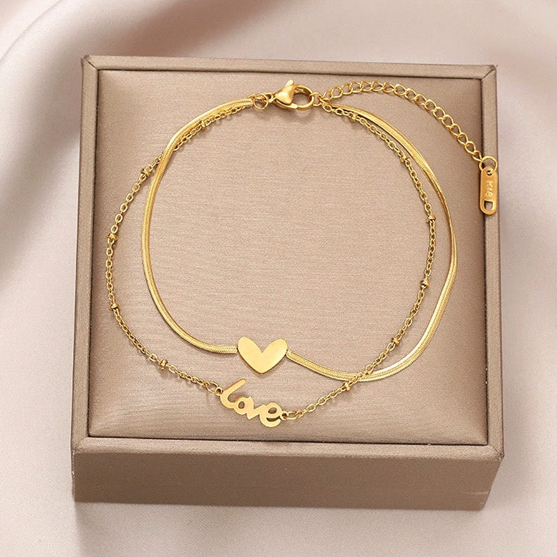 Gelang Kaki Hati untuk Wanita - Rantai Emas Stainless Steel Anti Pudar | Aksesoris Fashion Elegan - 我的商店