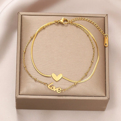 Gelang Kaki Hati untuk Wanita - Rantai Emas Stainless Steel Anti Pudar | Aksesoris Fashion Elegan - 我的商店