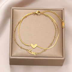 Gelang Kaki Hati untuk Wanita - Rantai Emas Stainless Steel Anti Pudar | Aksesoris Fashion Elegan