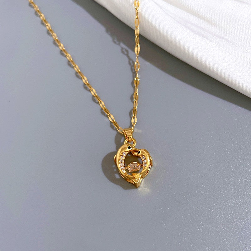 Kalung Lumba-Lumba Imut Wanita - Stainless Steel Emas 18K & Berlian Gaya Korea, Anti Karat - 我的商店
