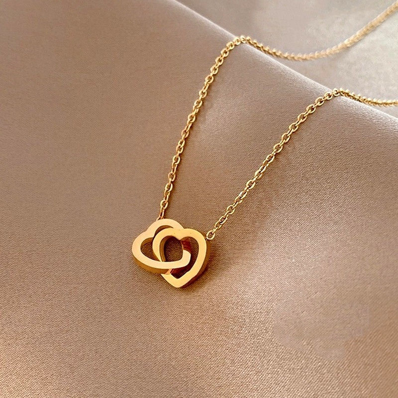 Kalung Liontin Hati Ganda Berlapis Emas 18K – Perhiasan Rantai Klavikula Gaya Korea Simpe - 我的商店