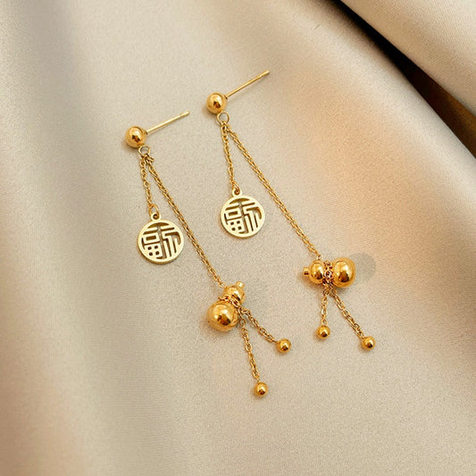 Anting Lucky Gourd FU untuk Wanita - Hikaw Emas Stainless Steel Hypoallergenic | Aksesoris Perhiasan Elegan - 我的商店