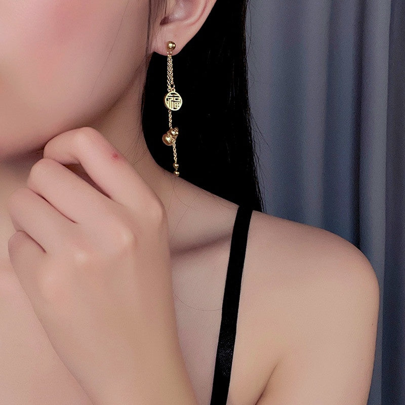 Anting Lucky Gourd FU untuk Wanita - Hikaw Emas Stainless Steel Hypoallergenic | Aksesoris Perhiasan Elegan - 我的商店