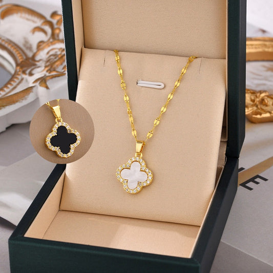 Wanita antik berkata kalung Four Leaf Clover  Liontin Berlian - Baja Tahan Karat Lapis Emas, tidak kusam, elegan dan modis! - 我的商店