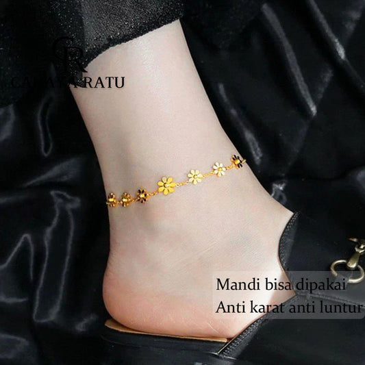 Grosir Gelang Kaki Titanium Wanita Anti Karat Bunga Daisy Emas 18K Cantik Korea Terbaru 2024 Aksesoris Anklet