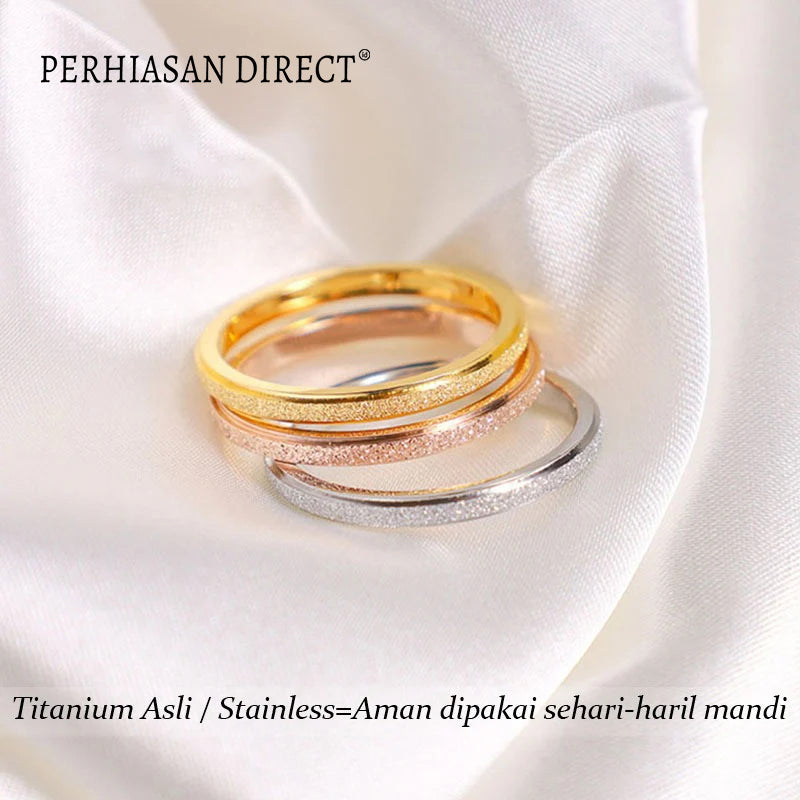 Cincin Titanium Wanita Pasir Emas 18K Anti Karat Elegan Aesthetic Korean Style Aksesoris Ring