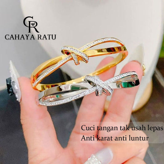 Grosir Gelang Titanium Wanita Anti Karat Salib Berlian Mewah Emas 18K Aesthetic Korean Style Aksesoris Bangle