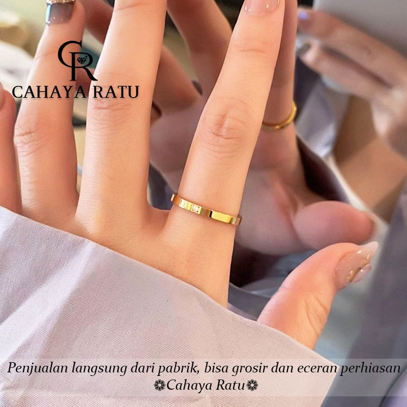 Cincin Titanium Wanita Anti Karat Asli Solitaire Berlian Emas 18K Mewah Aesthetic Korea Aksesoris Ring