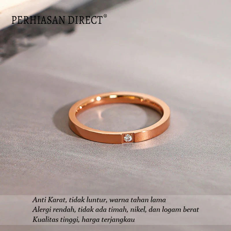 Cincin Titanium Wanita Mata Satu Berlian Emas 18K Anti Karat Aesthetic Korea Aksesoris Ring