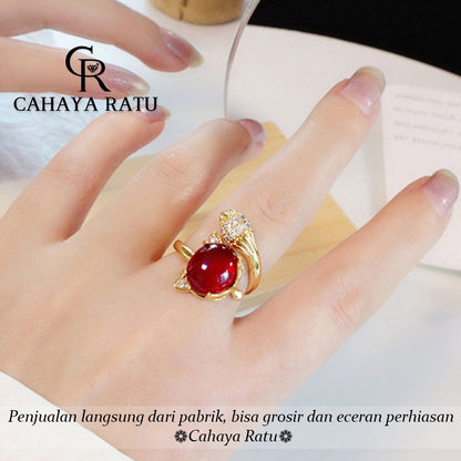 Cincin Titanium Wanita Emas 18K Rubah Kristal Merah Keberuntungan Anti Karat Aksesoris Adjustable Ring