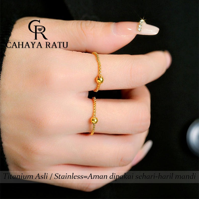 Cincin Titanium Wanita Anti Karat Asli Rantai Manik Manik Emas 18K Fashion Aksesoris Ring