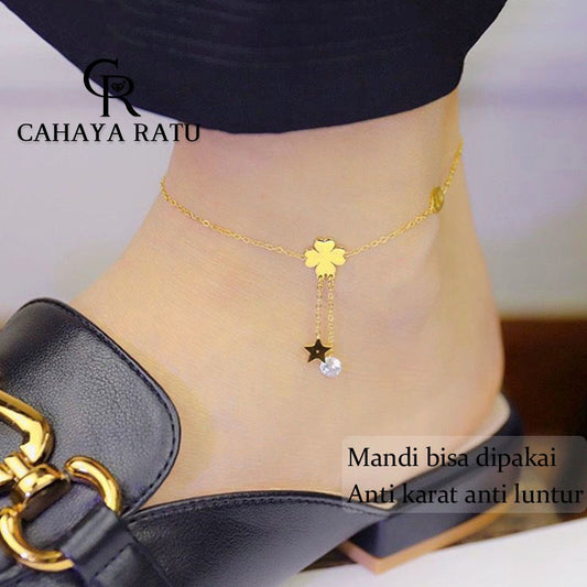 Grosir Gelang Kaki Titanium Wanita Anti Karat Rumbai Bunga Keberuntungan Emas 18K Korean Style Aksesoris Anklet