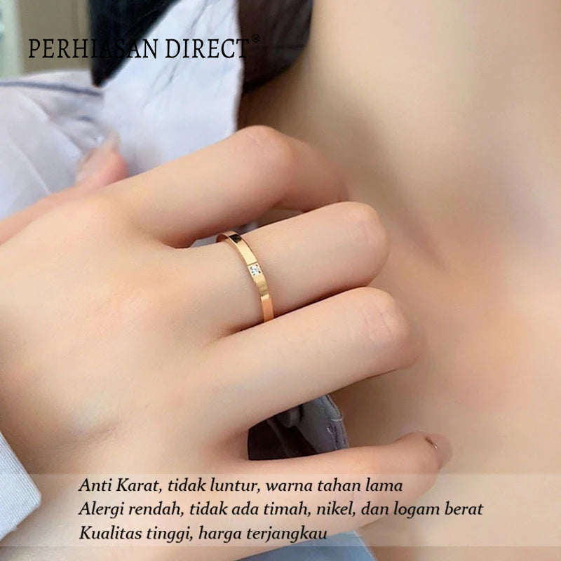 Cincin Titanium Wanita Mata Satu Berlian Emas 18K Anti Karat Aesthetic Korea Aksesoris Ring