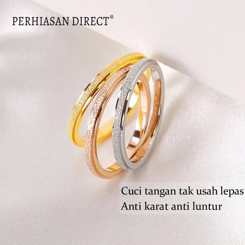 Cincin Titanium Wanita Pasir Emas 18K Anti Karat Elegan Aesthetic Korean Style Aksesoris Ring