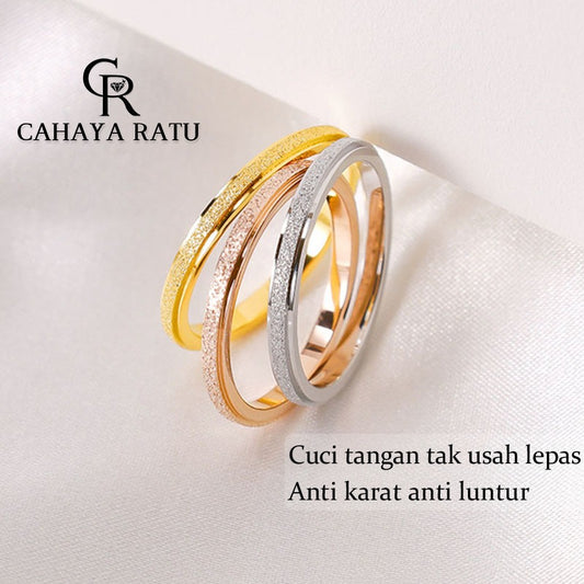 Cincin Titanium Wanita Pasir Emas 18K Anti Karat Elegan Aesthetic Korean Style Aksesoris Ring