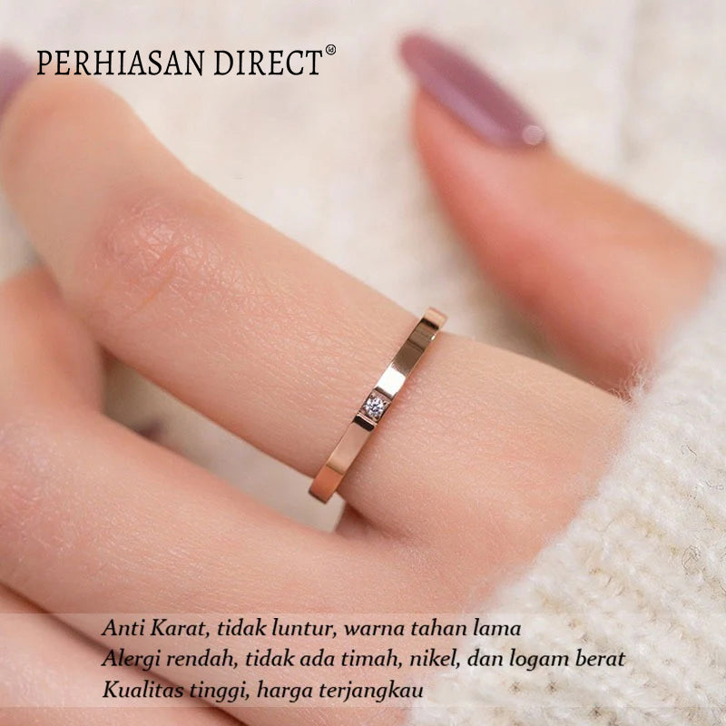 Cincin Titanium Wanita Mata Satu Berlian Emas 18K Anti Karat Aesthetic Korea Aksesoris Ring