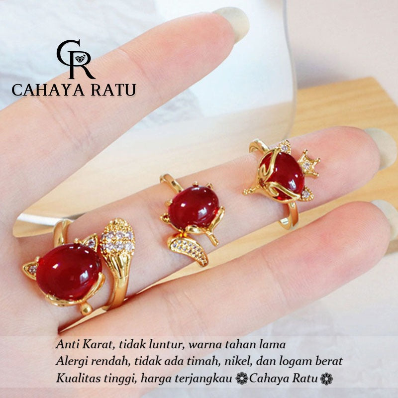 Cincin Titanium Wanita Emas 18K Rubah Kristal Merah Keberuntungan Anti Karat Aksesoris Adjustable Ring