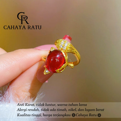 Cincin Titanium Wanita Emas 18K Rubah Kristal Merah Keberuntungan Anti Karat Aksesoris Adjustable Ring