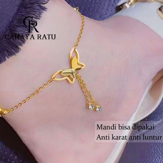 Grosir Gelang Kaki Titanium Anti Karat Rumbai Berlian Kupu Kupu Cantik Emas 18K Terbaru 2024 Aksesoris Wanita Anklet