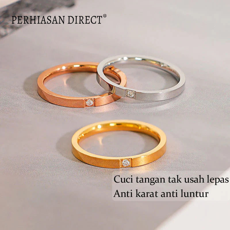 Cincin Titanium Wanita Mata Satu Berlian Emas 18K Anti Karat Aesthetic Korea Aksesoris Ring