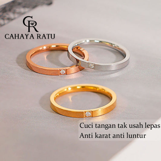 Cincin Titanium Wanita Mata Satu Berlian Emas 18K Anti Karat Aesthetic Korea Aksesoris Ring