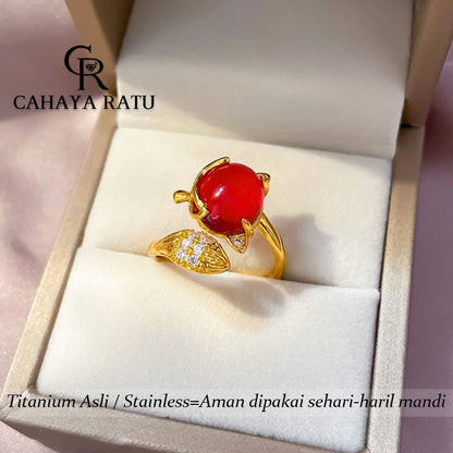 Cincin Titanium Wanita Emas 18K Rubah Kristal Merah Keberuntungan Anti Karat Aksesoris Adjustable Ring