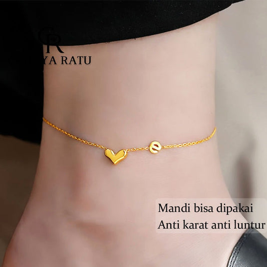 Grosir Gelang Kaki Titanium Anti Karat Huruf Hati Cantik Terbaru 2024 Emas 18K Korea Aksesoris Wanita Anklet