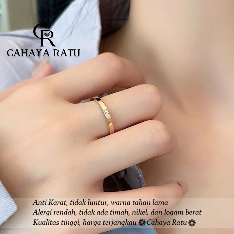 Cincin Titanium Wanita Anti Karat Asli Solitaire Berlian Emas 18K Mewah Aesthetic Korea Aksesoris Ring