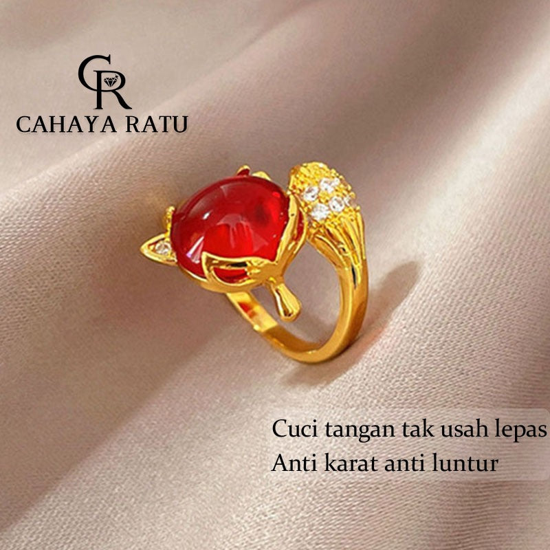 Cincin Titanium Wanita Emas 18K Rubah Kristal Merah Keberuntungan Anti Karat Aksesoris Adjustable Ring