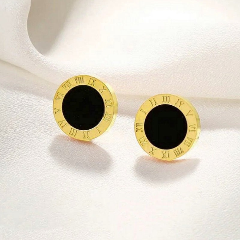 Hikaw Roman Hitam Wanita - Perhiasan Stainless Steel Elegan Anti Kusam, Aksesoris Fashion Hypoallergenic, Grosir Harga Terbaik - 我的商店
